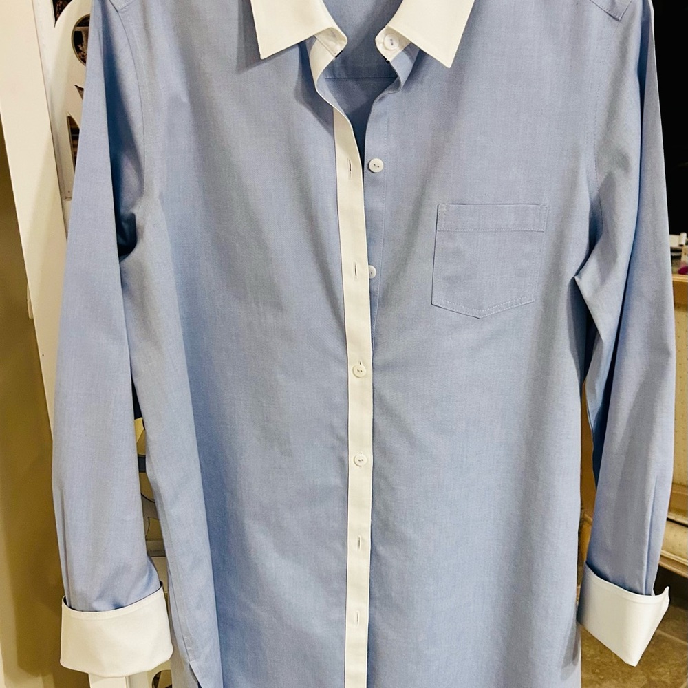 Foxcroft Blue and White Contrast Collar Blouse, French cuffs. Size 12.